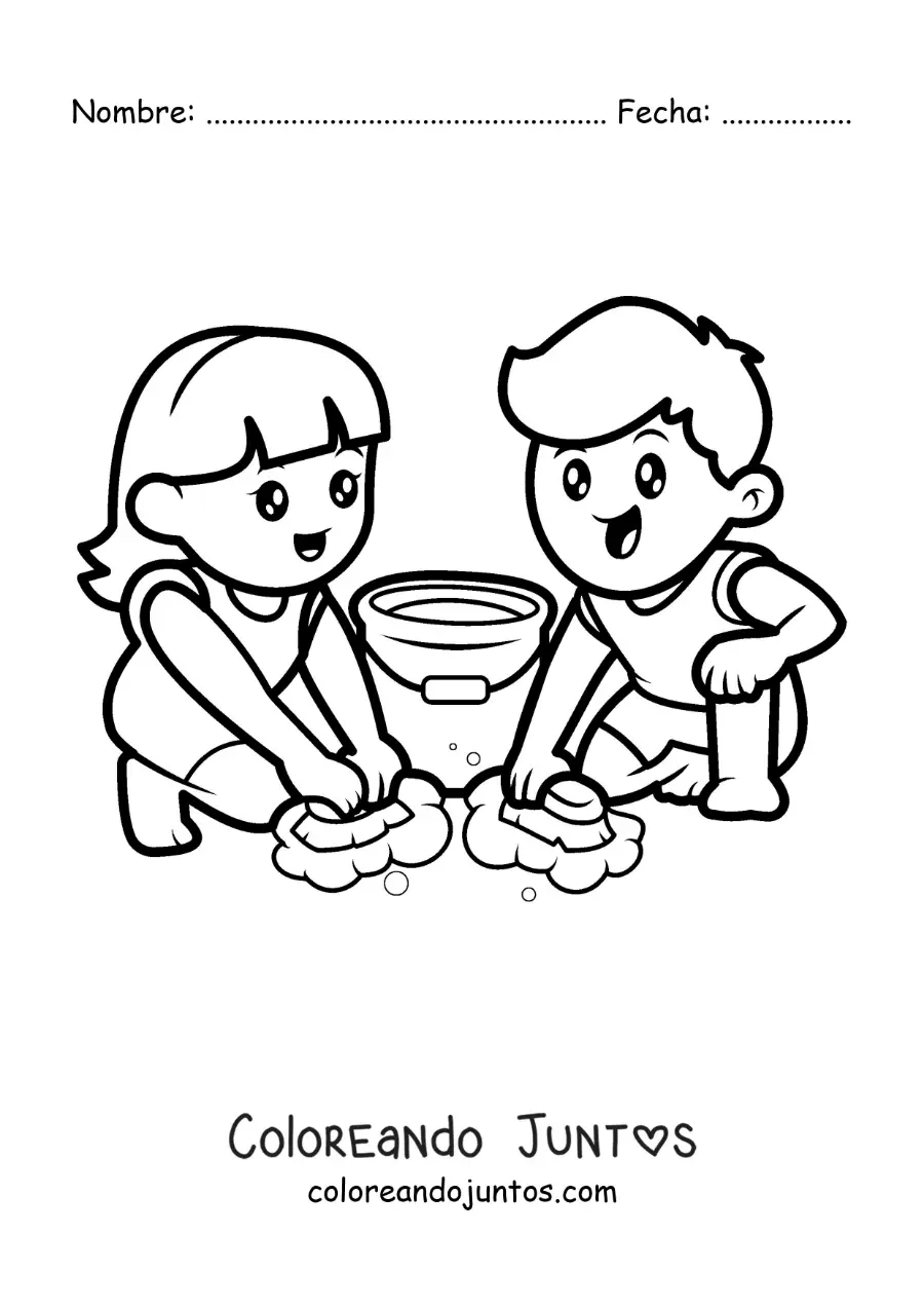 Imagen para colorear de dos niños kawaii fregando el piso en casa