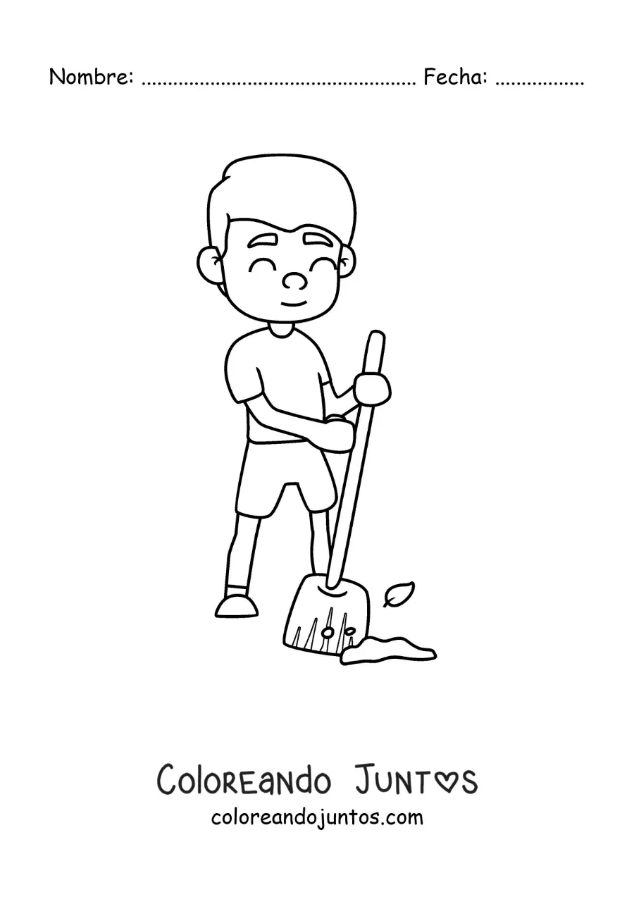 Imagen para colorear de un niño ayudando a barrer en casa