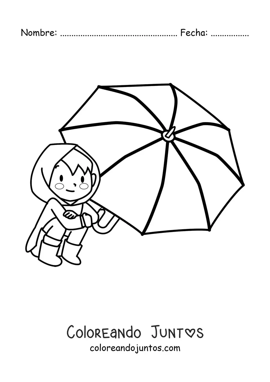 Imagen para colorear de un niño kawaii sentado con una sombrilla