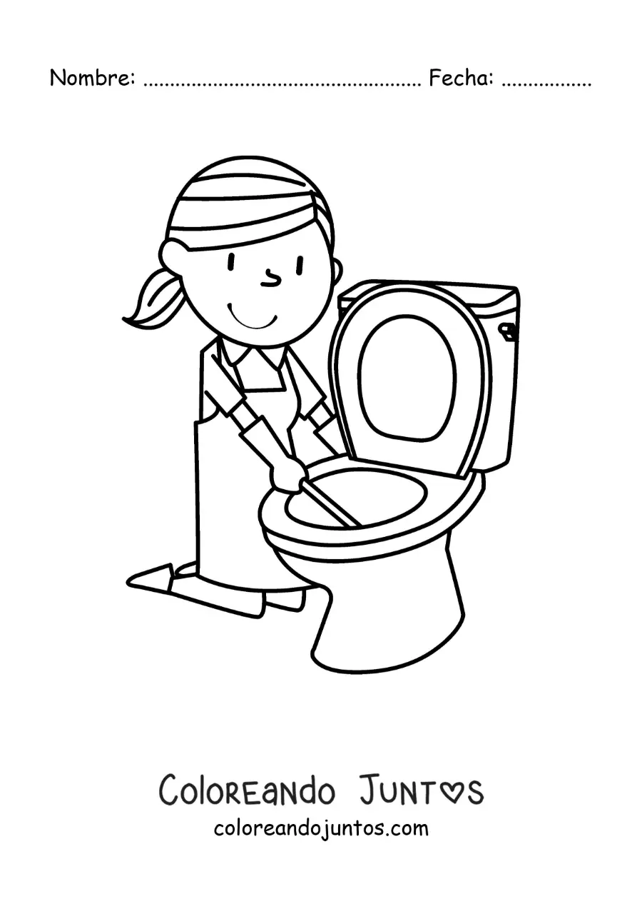Imagen para colorear de una mujer animada limpiando la poceta
