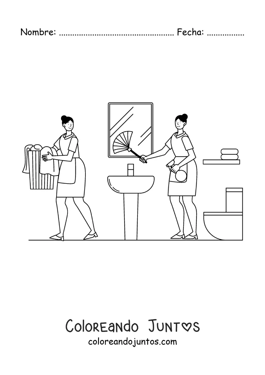 Imagen para colorear de dos chicas limpiando un baño
