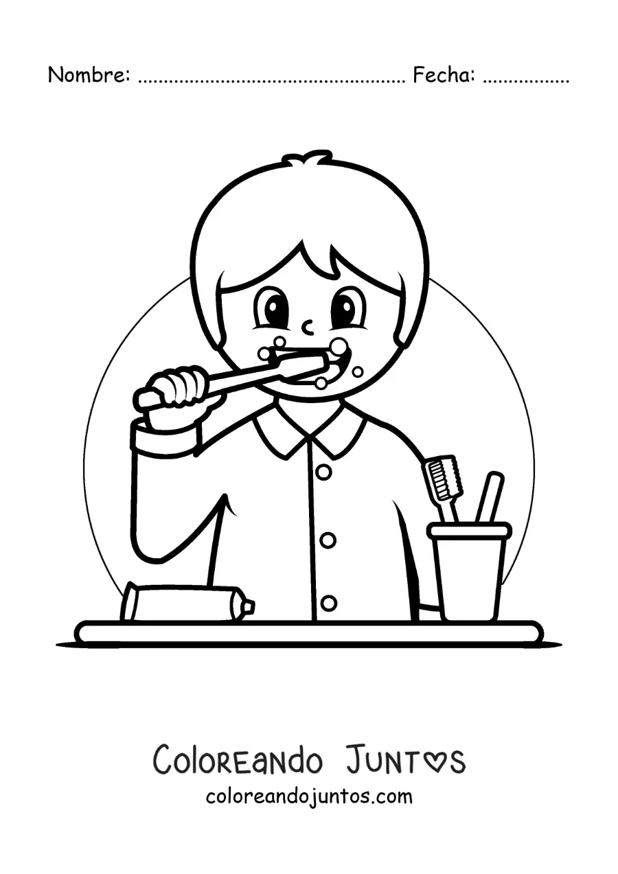 Imagen para colorear de un niño animado cepillando sus dientes
