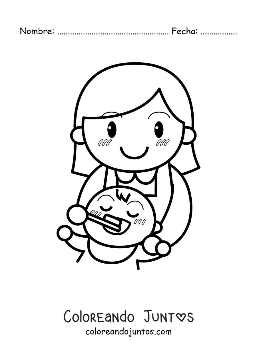Imagen para colorear de una madre cepillando los dientes de su bebé