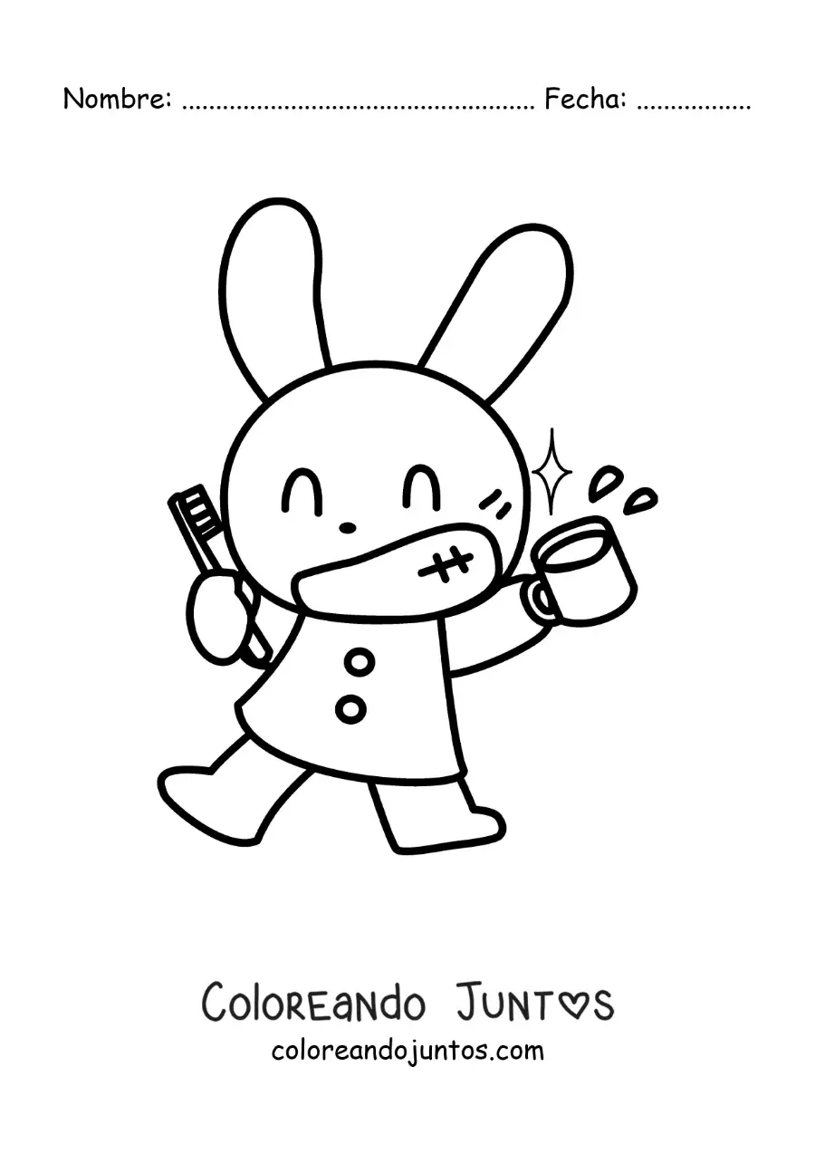 Imagen para colorear de un conejo kawaii cepillando sus dientes