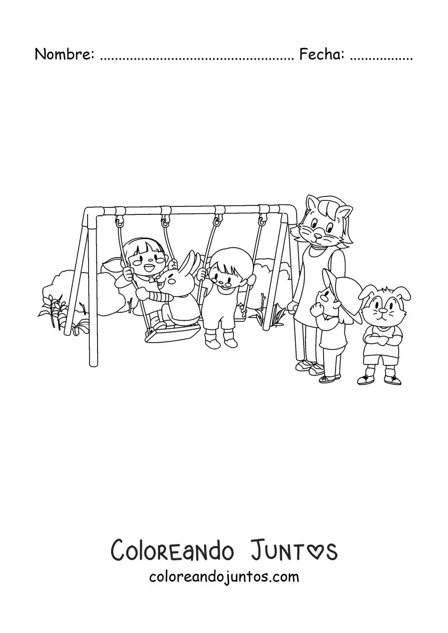 Imagen para colorear de varios niños jugando en el parque junto a conejos animados