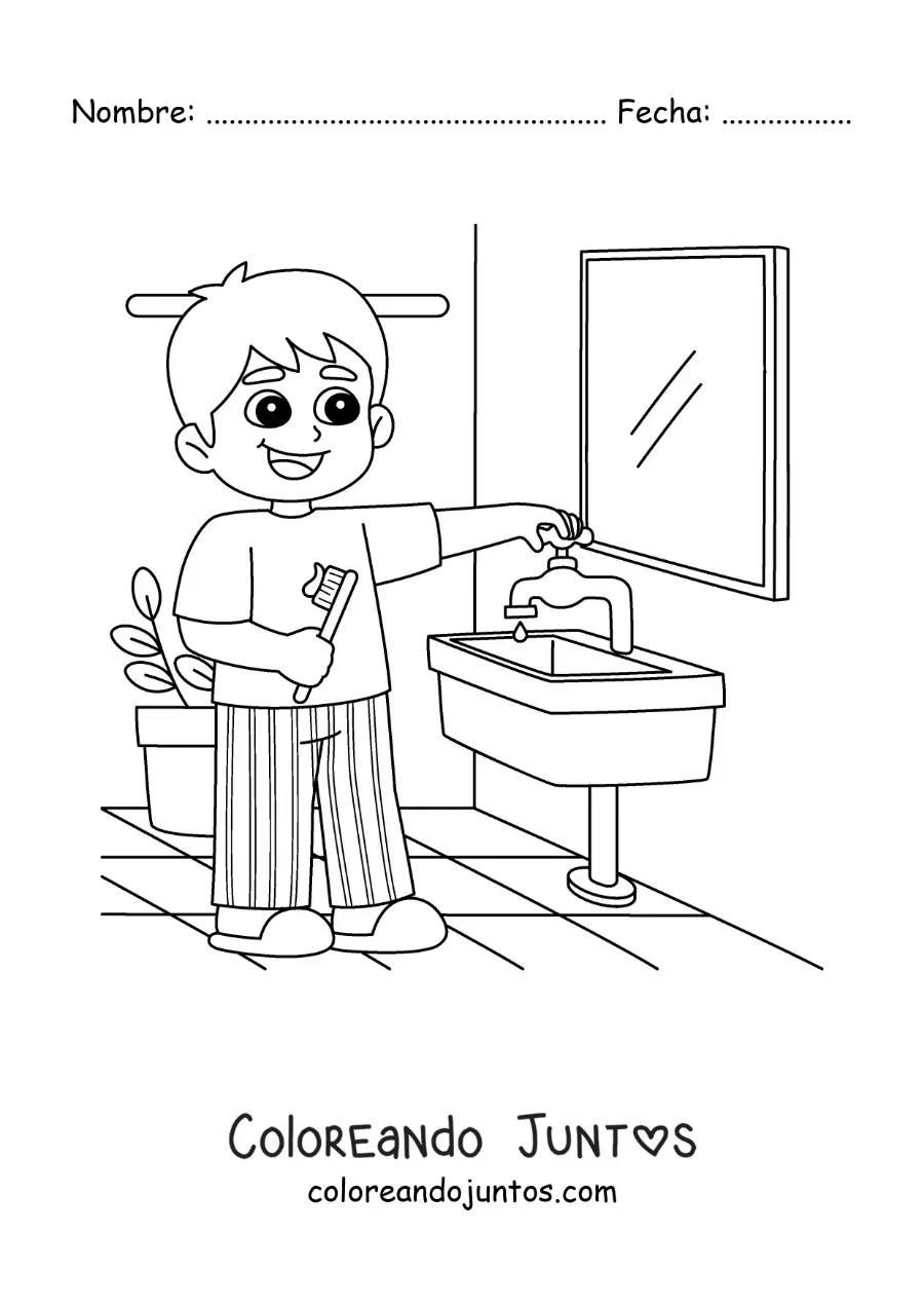 Imagen para colorear de un niño cepillándose sus dientes en el baño
