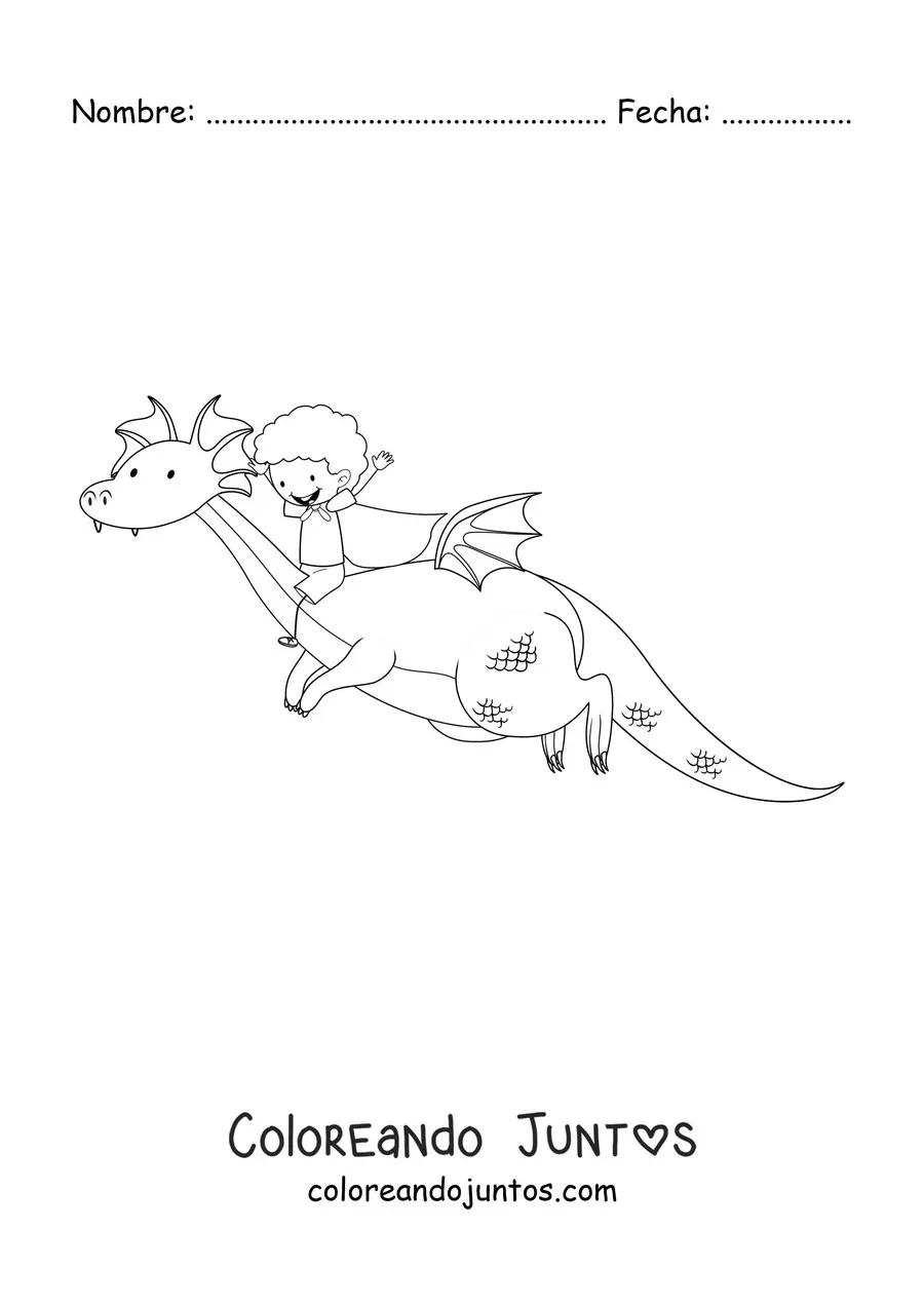Imagen para colorear de un niño sobre un dragón animado