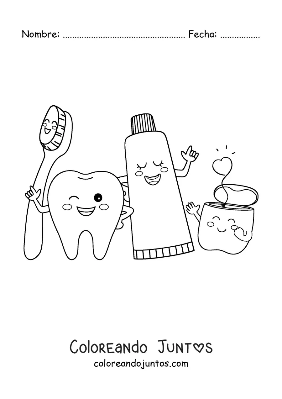 Imagen para colorear de artículos de la limpieza dental kawaii animados