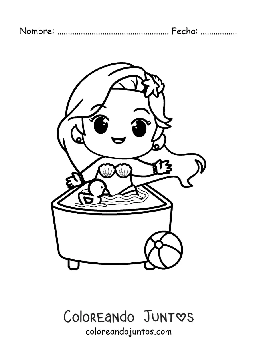 Imagen para colorear de una sirena kawaii tomando un baño