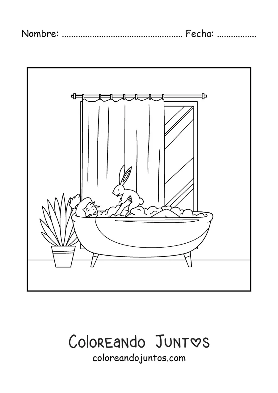 Imagen para colorear de una chica tomando un baño con su conejo mascota