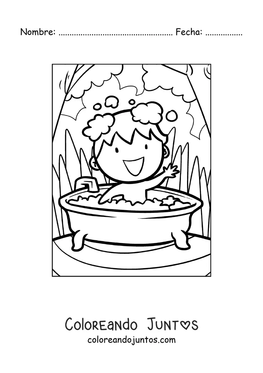 Imagen para colorear de una caricatura de un niño bañándose en una bañera