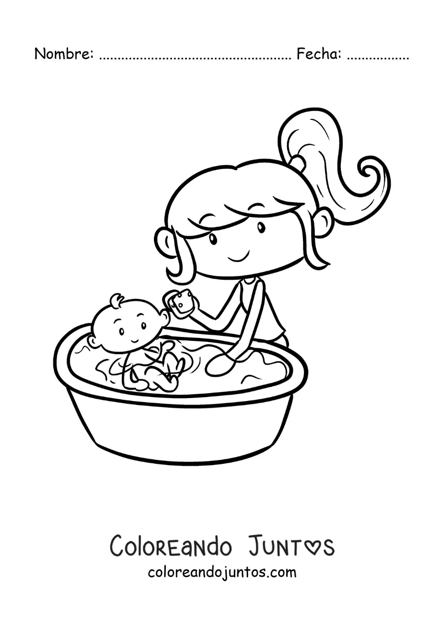 Imagen para colorear de una niña bañando a su hermana bebé