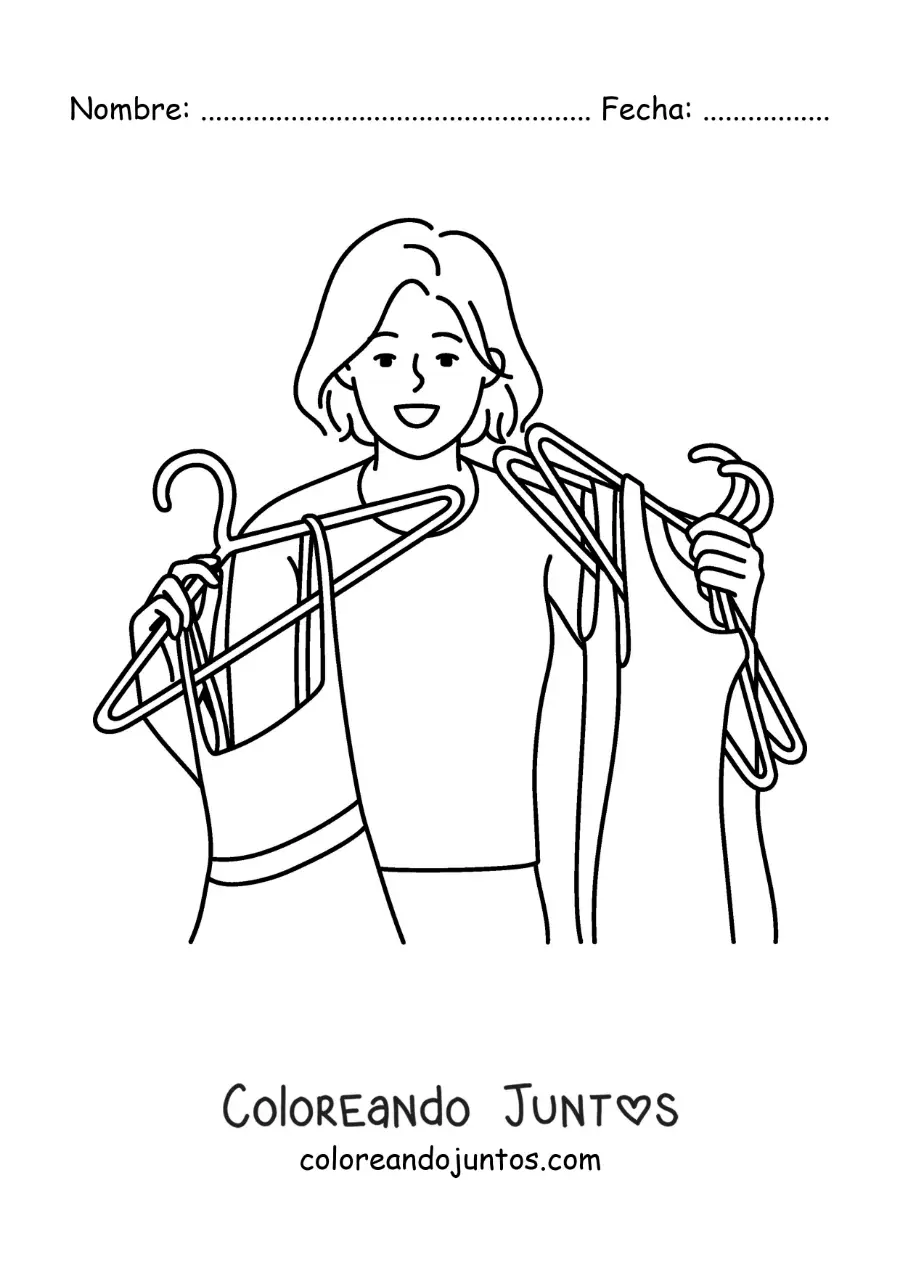 Imagen para colorear de una mujer sosteniendo varias perchas con vestidos de su armario
