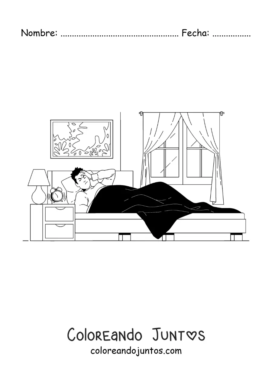 Imagen para colorear de un chico despertando en su habitación con un reloj despertador