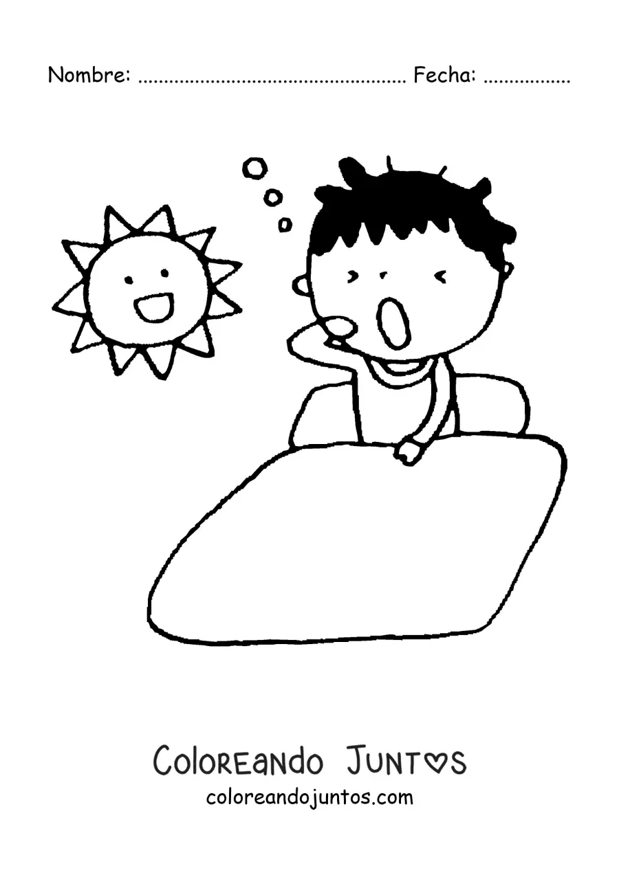 Imagen para colorear de una caricatura de un niño bostezando en la mañana