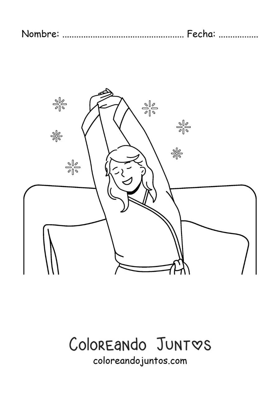 Imagen para colorear de una chica estirándose en la cama al despertar