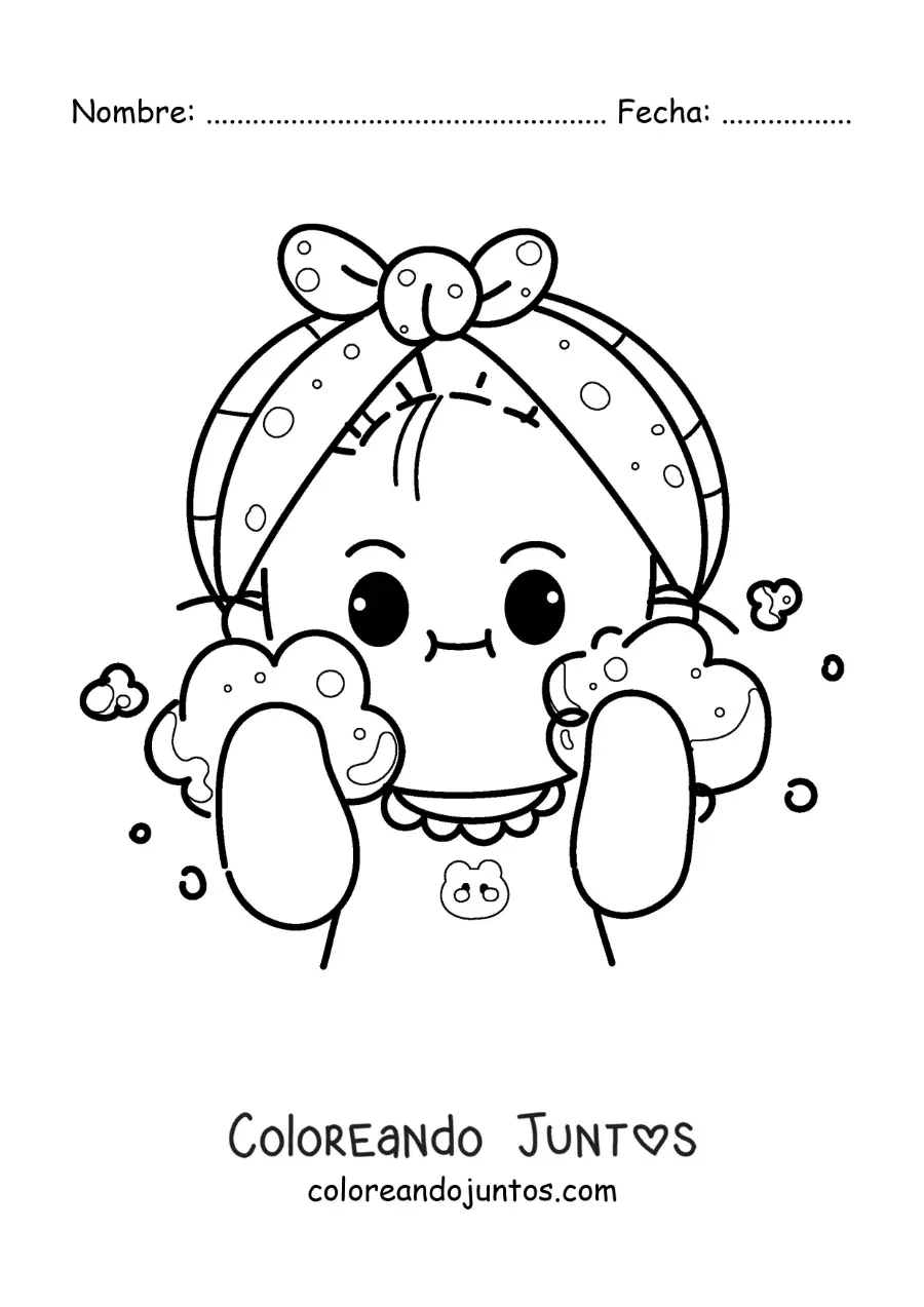 Imagen para colorear de una niña kawaii lavando su cara al levantarse en la mañana