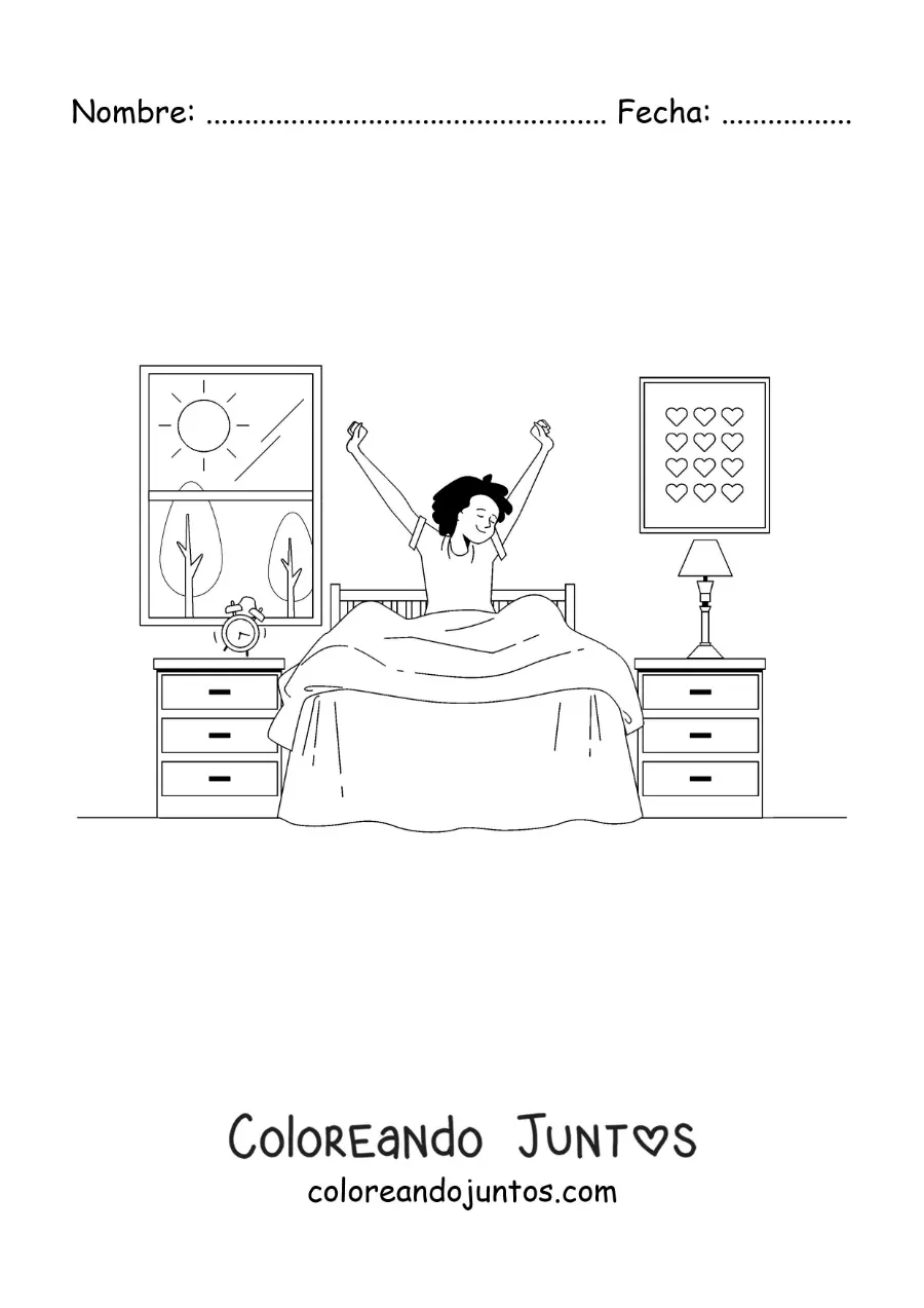 Imagen para colorear de un niño despertando en su habitación con reloj despertador