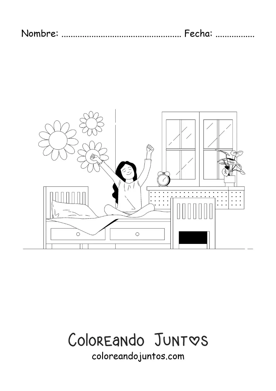 Imagen para colorear de una niña levantándose de la cama en su habitación con un reloj despertador