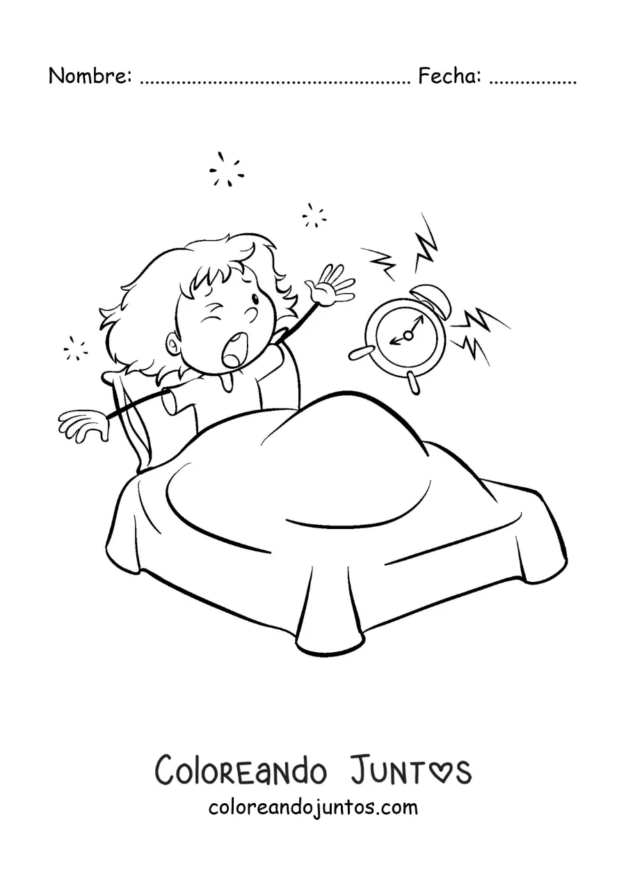 Imagen para colorear de una niña animada despertando en su cama con un despertador
