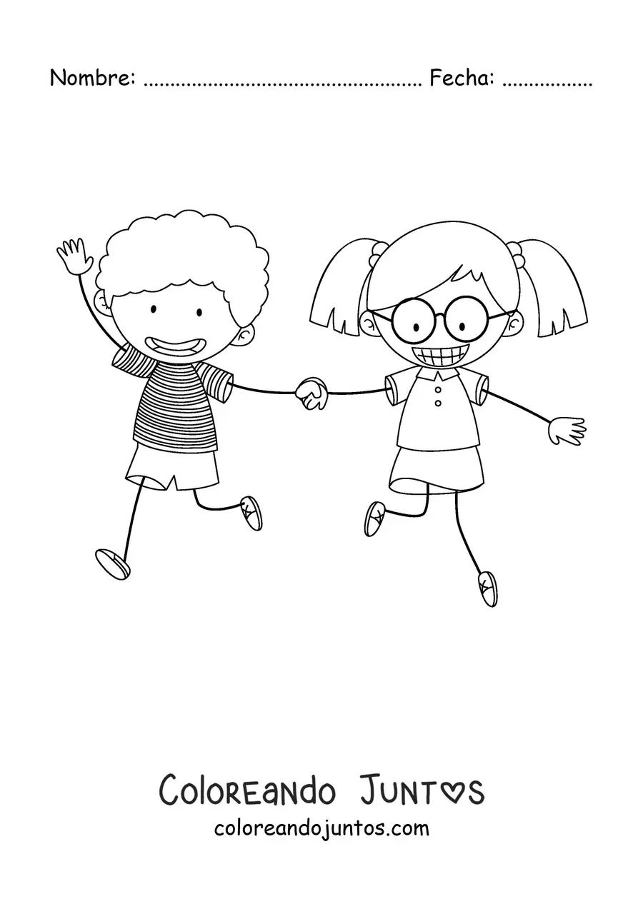 Imagen para colorear de un niño y una niña sujetados de las manos corriendo