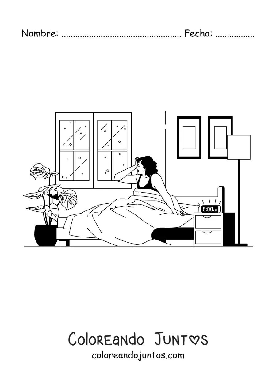 Imagen para colorear de una mujer levantándose de su cama temprano