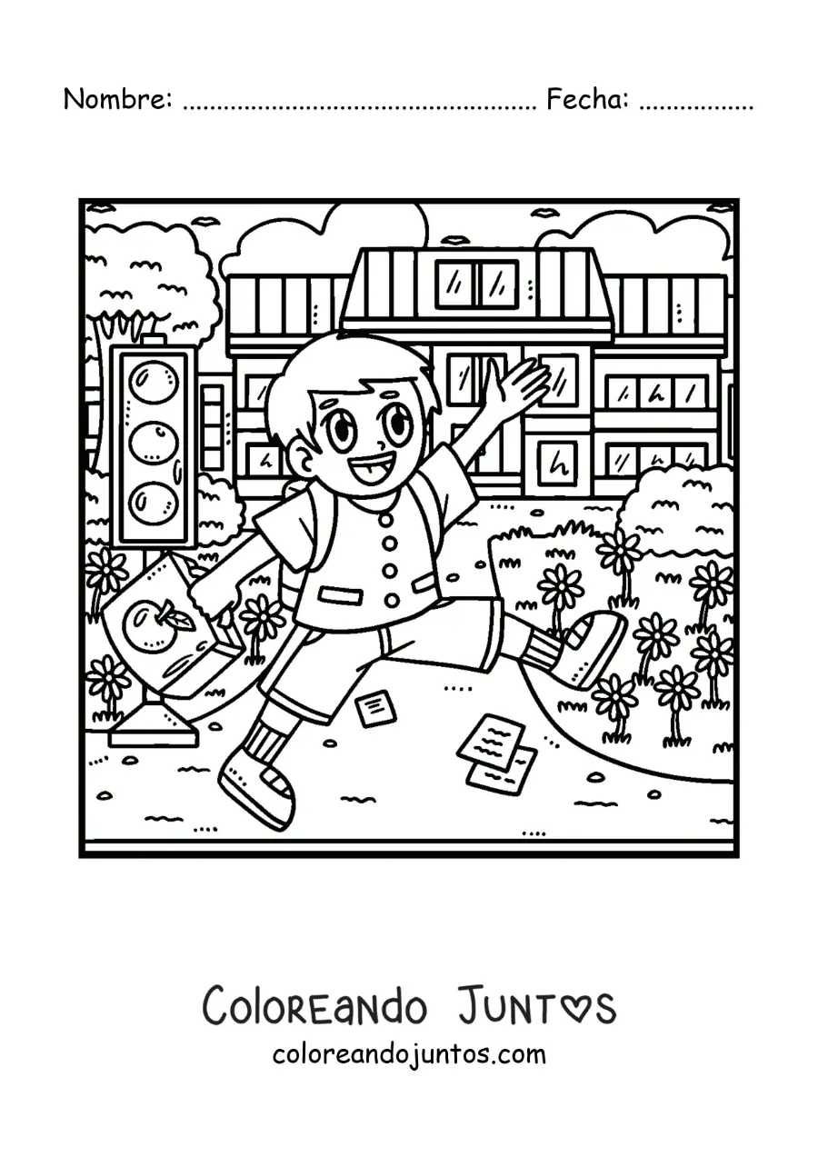 Imagen para colorear de un niño animado con su uniforme yendo a la escuela