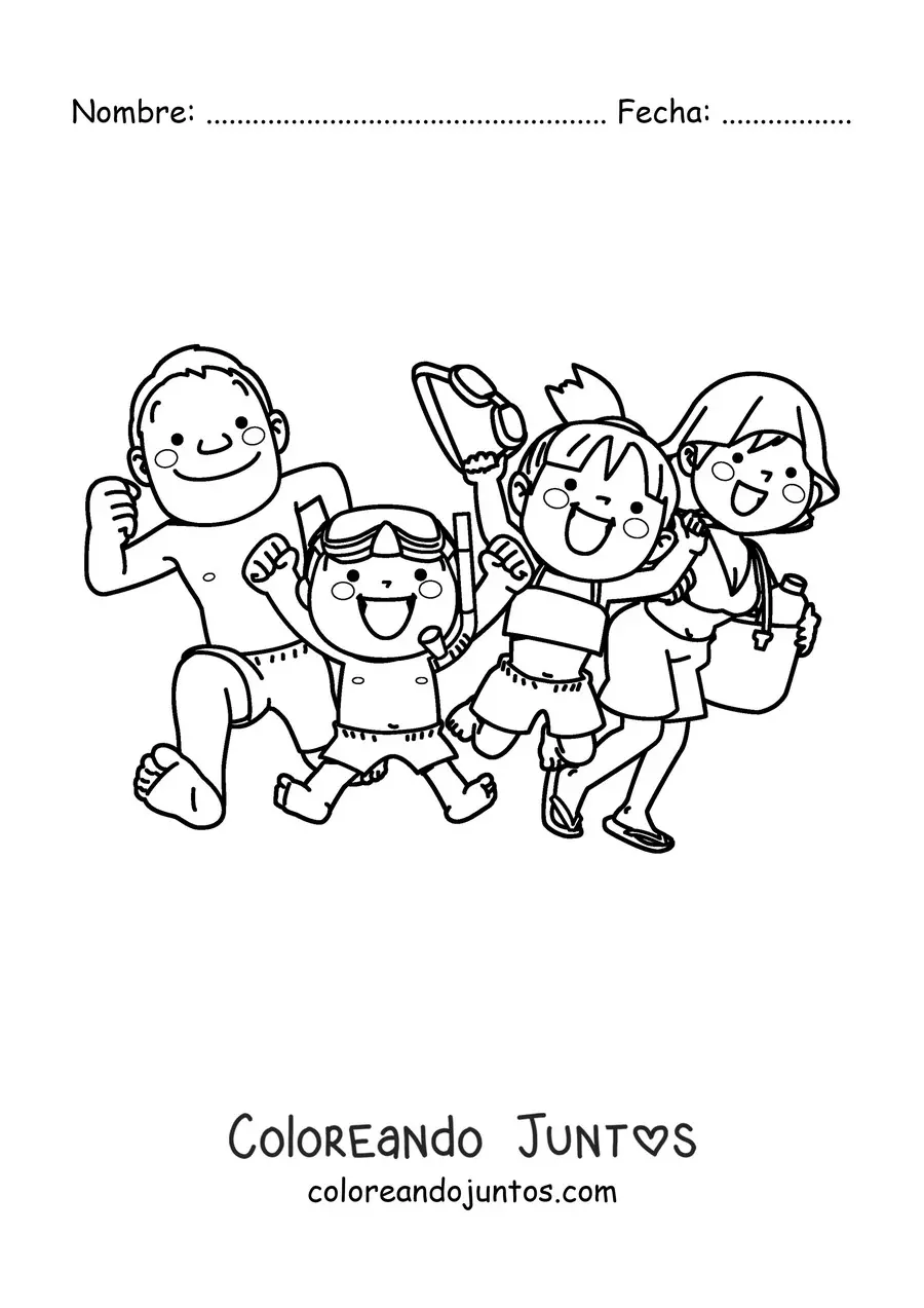 Imagen para colorear de una familia feliz con bañadores y accesorios de verano
