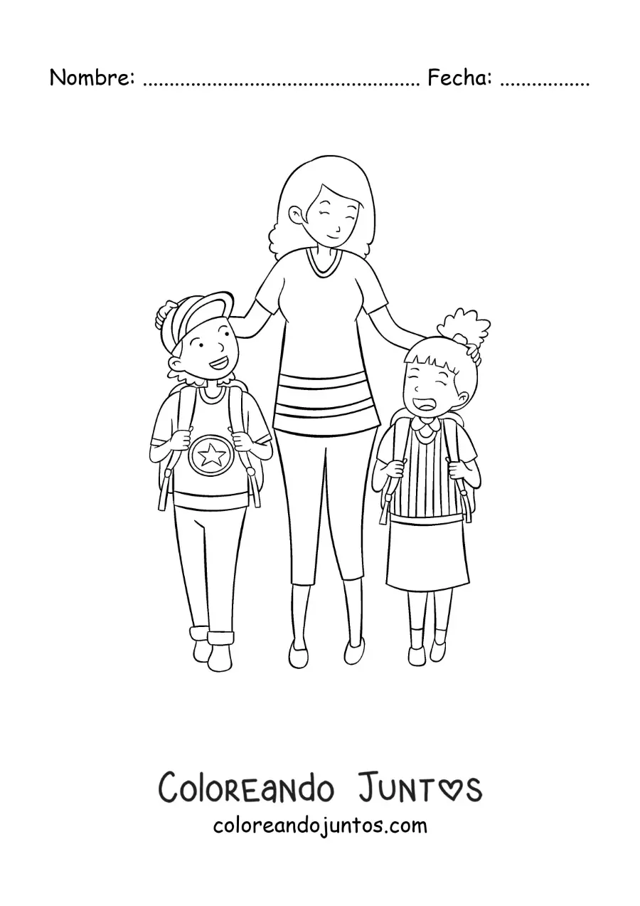 Imagen para colorear de una madre caminando con su hija y su hijo a la escuela