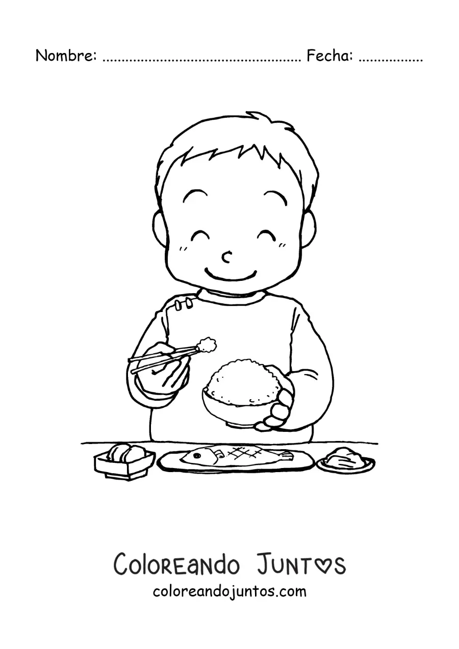 Imagen para colorear de un niño asiático comiendo arroz con palillos