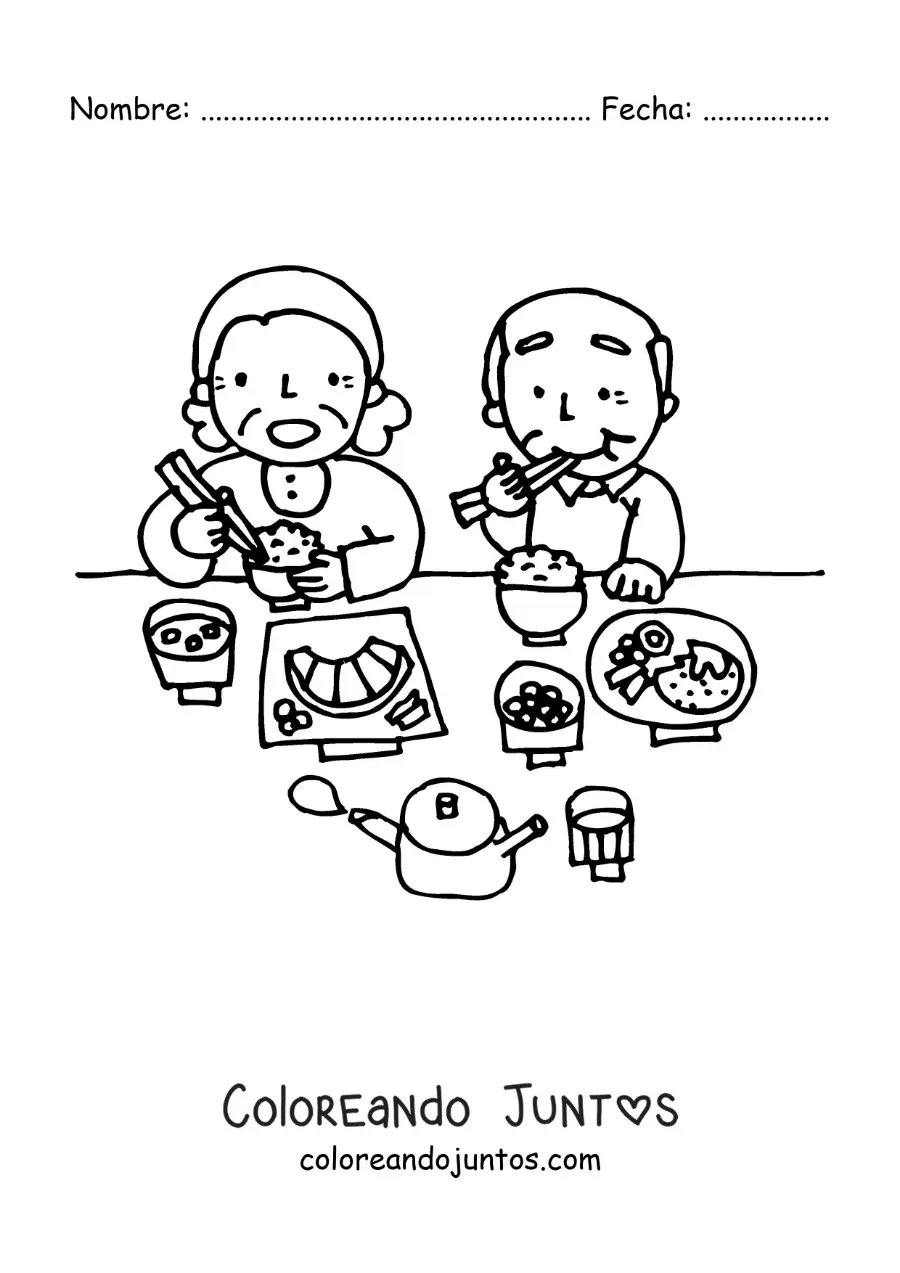 Imagen para colorear de dos abuelos comiendo juntos en la mesa