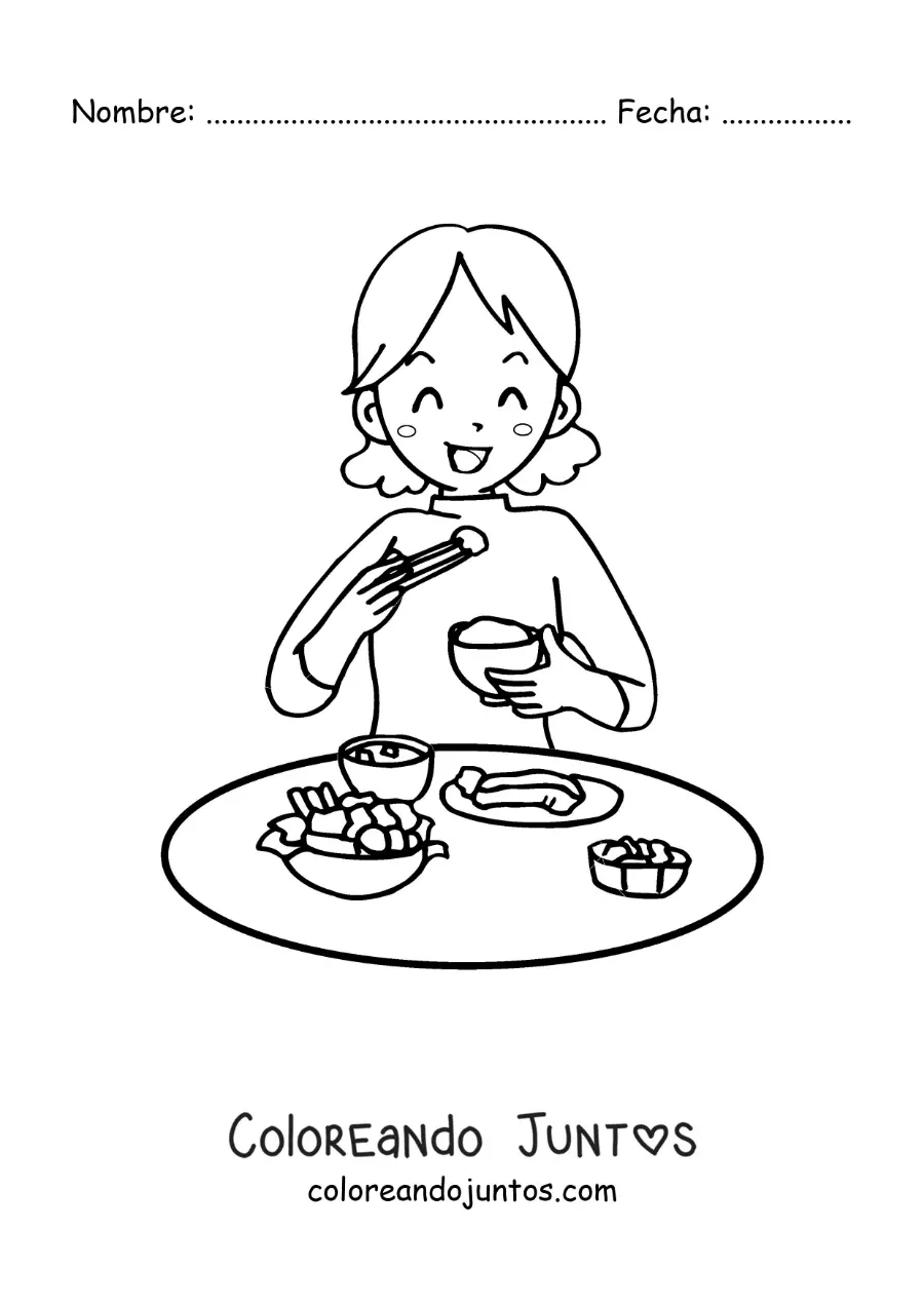 Imagen para colorear de una mujer comiendo el almuerzo en la mesa
