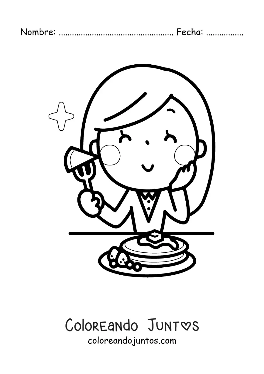 Imagen para colorear de una mujer kawaii comiendo panqueques en el desayuno