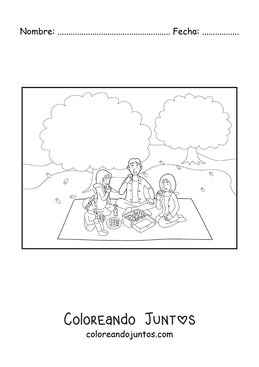 Imagen para colorear de niños y sus padres comiendo en familia en un picnic