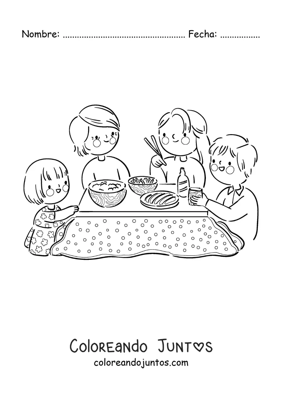 Imagen para colorear de una familia comiendo juntos en la mesa en el almuerzo