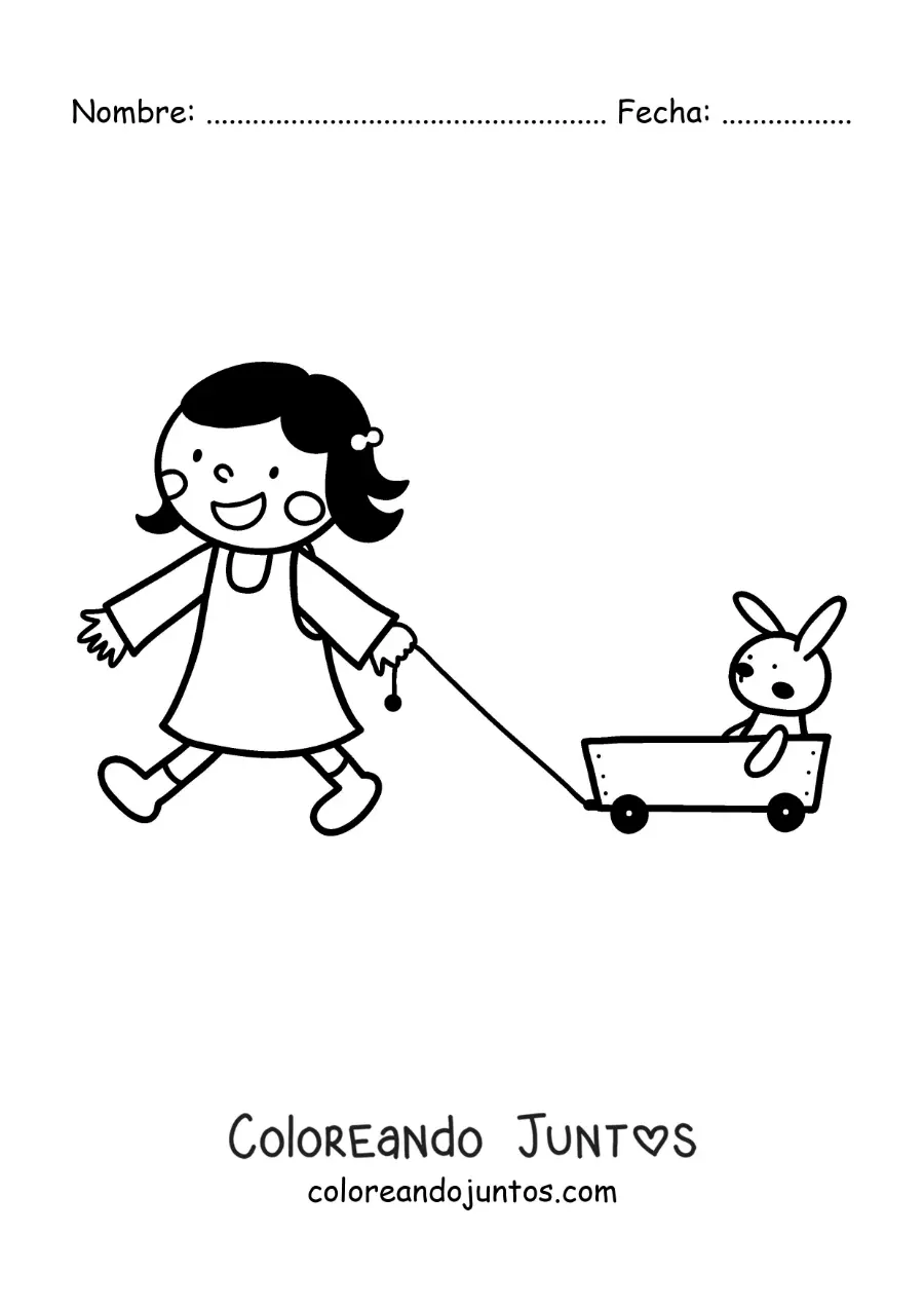Imagen para colorear de una niña jugando con su conejo de felpa