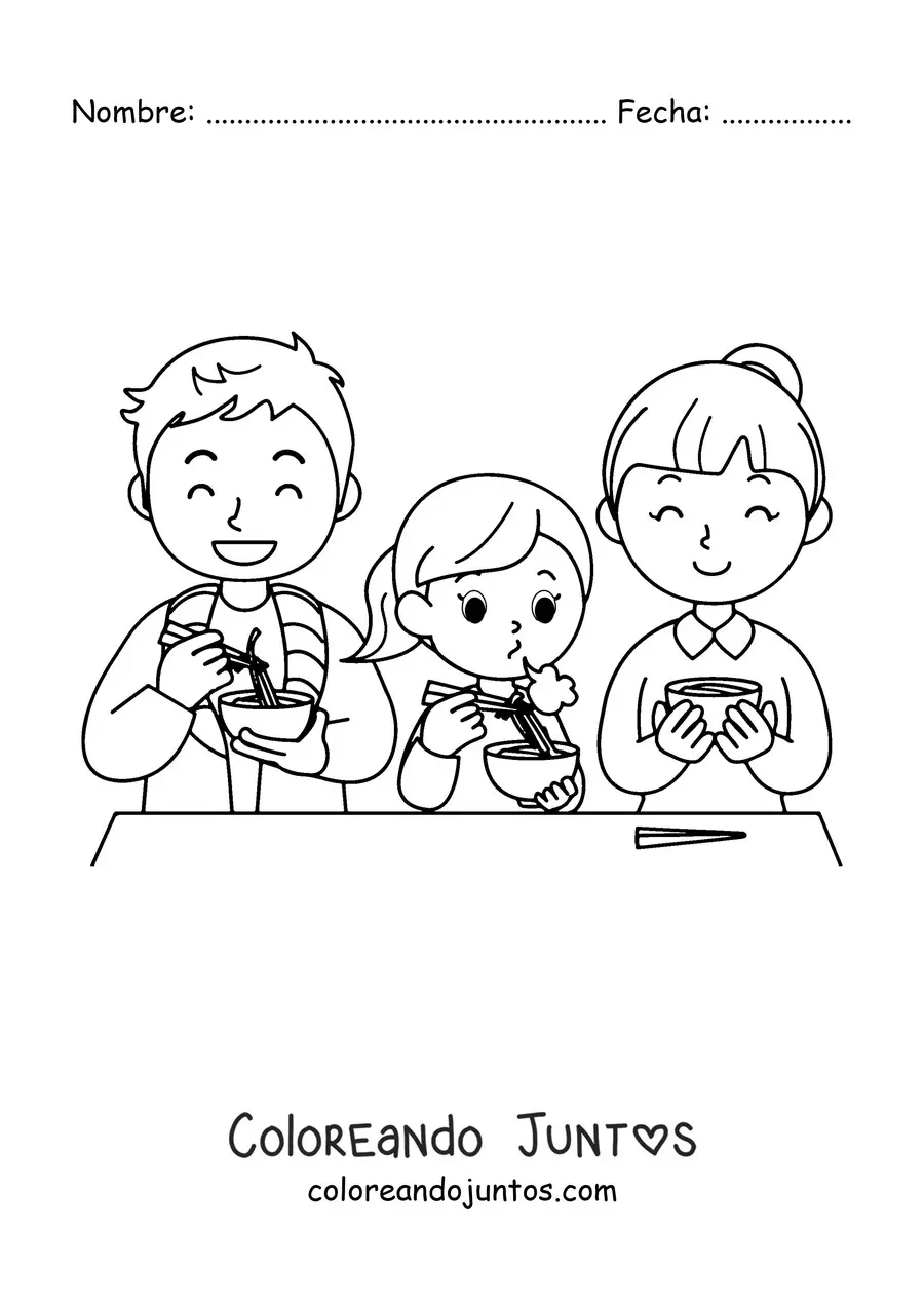 Imagen para colorear de una familia nuclear cenando fideos