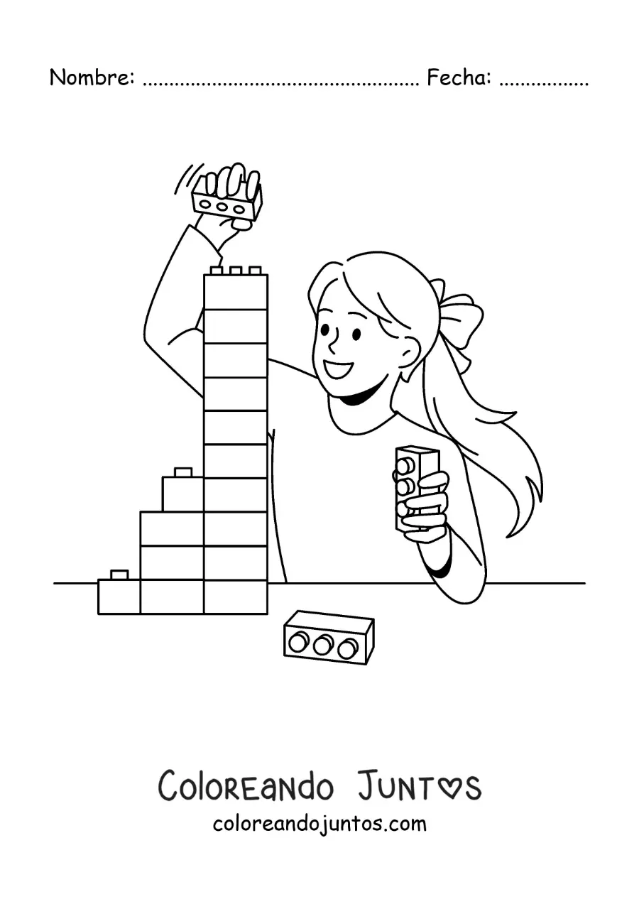 Imagen para colorear de una niña jugando con bloques de juguete