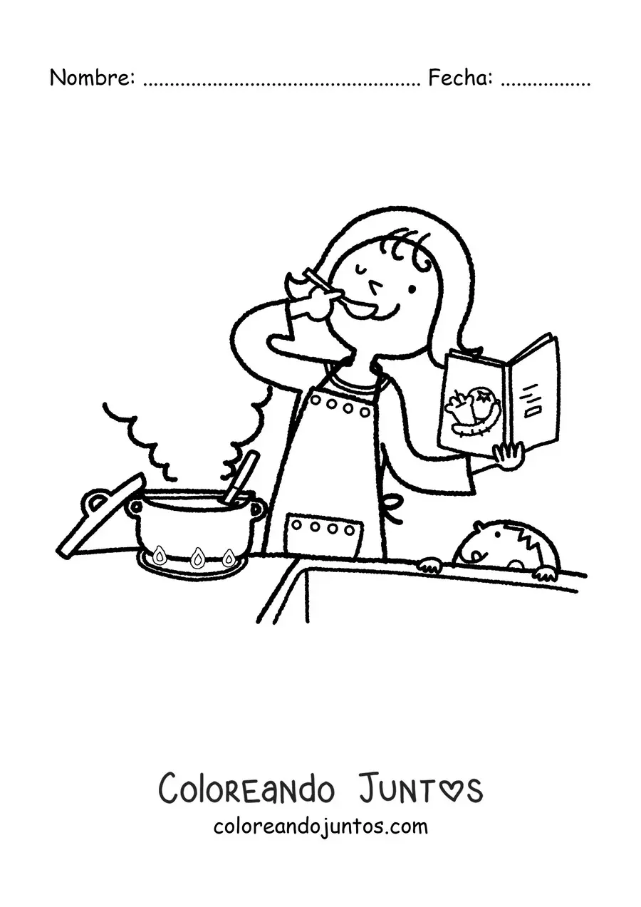 Imagen para colorear de una madre cocinando mientras el hijo la observa