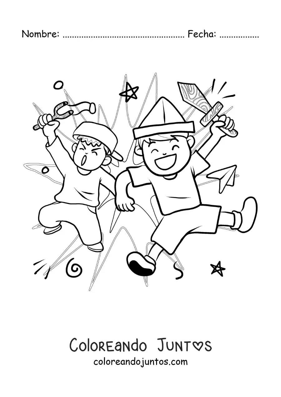 Imagen para colorear de dos amigos niños jugando con juguetes