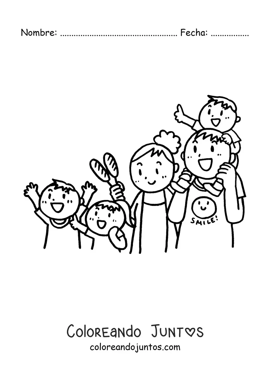 Imagen para colorear de una familia de dos padres y tres niños