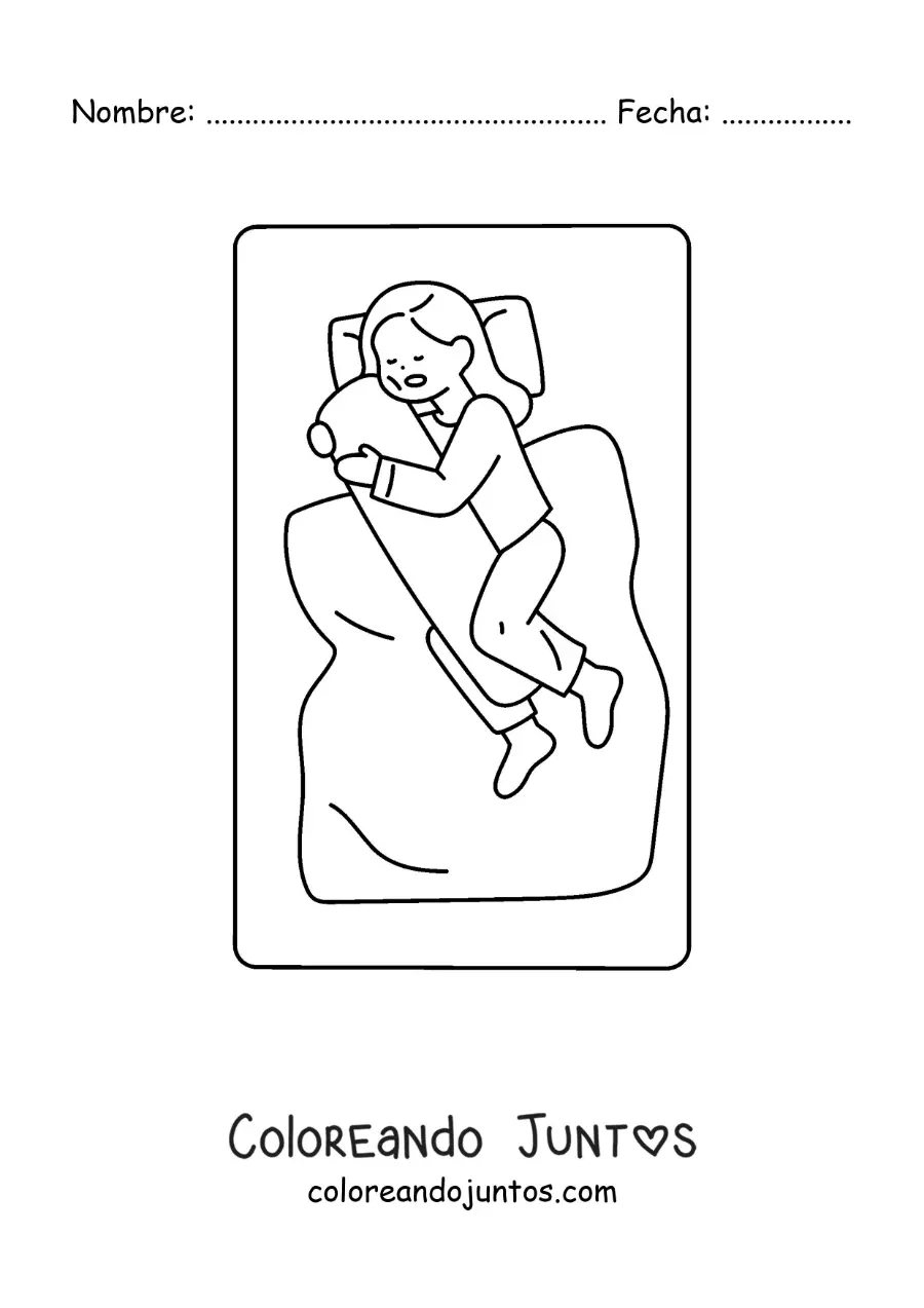 Imagen para colorear de una niña dormida en su cama abrazando una almohada