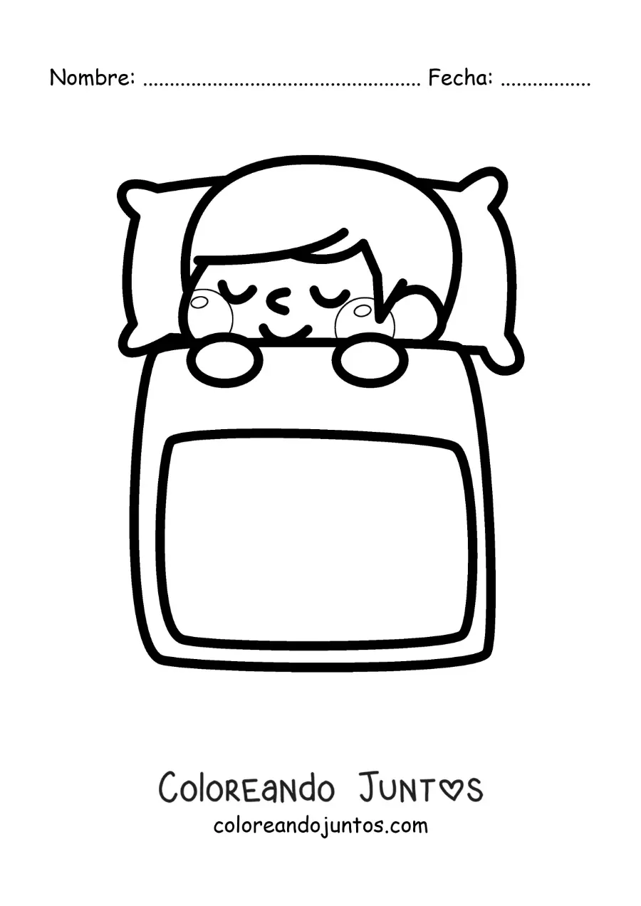Imagen para colorear de un niño kawaii durmiendo en la cama