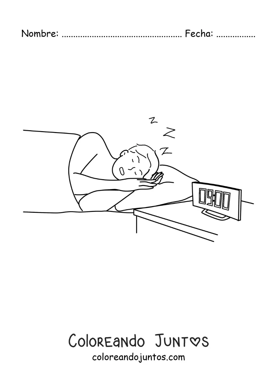 Imagen para colorear de un joven dormido en su cama con un reloj que marca las 9