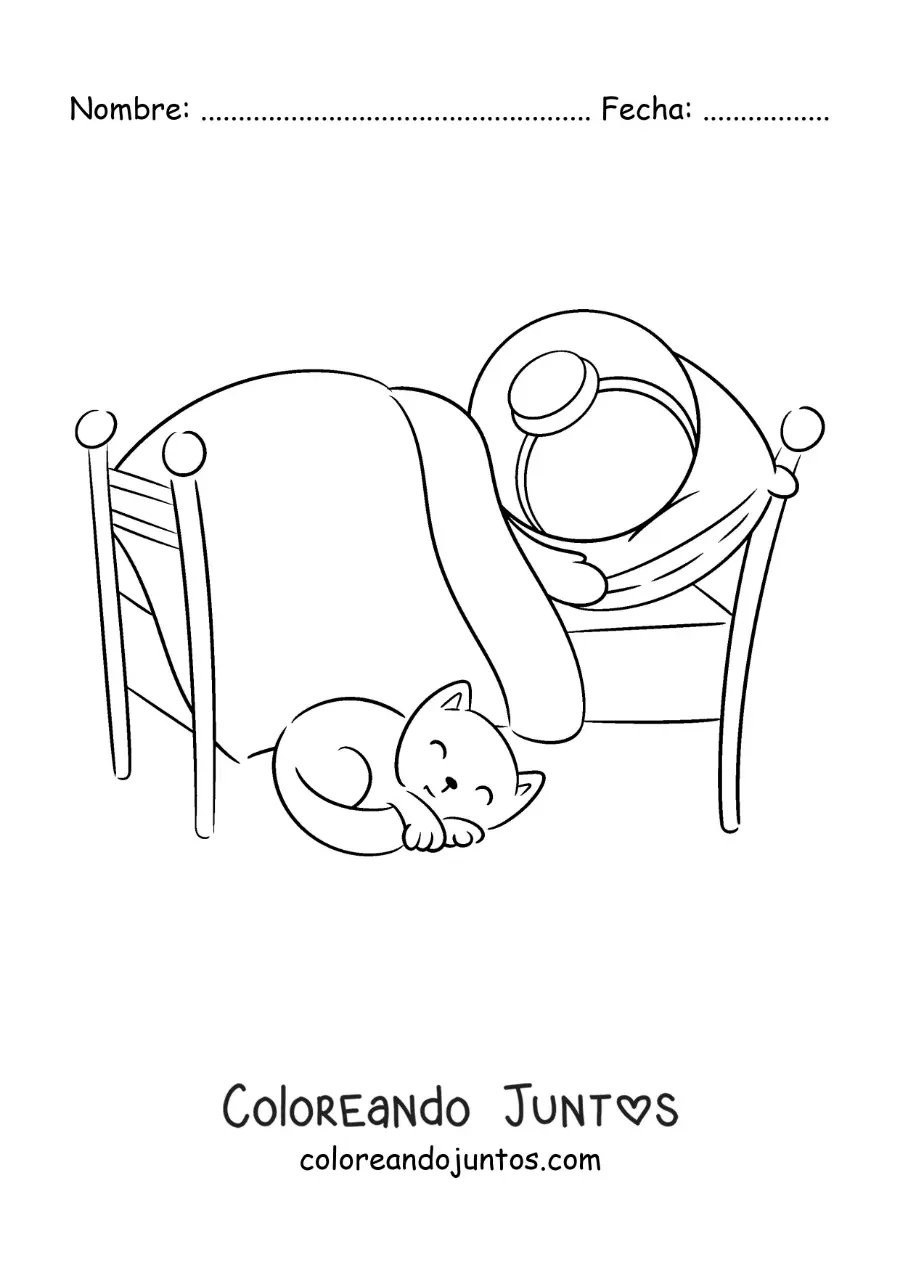 Imagen para colorear de un astronauta animado durmiendo en la cama con su gato