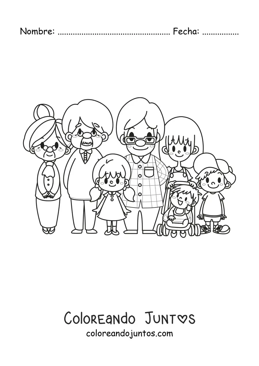 Imagen para colorear de una familia kawaii posando con un par de abuelos