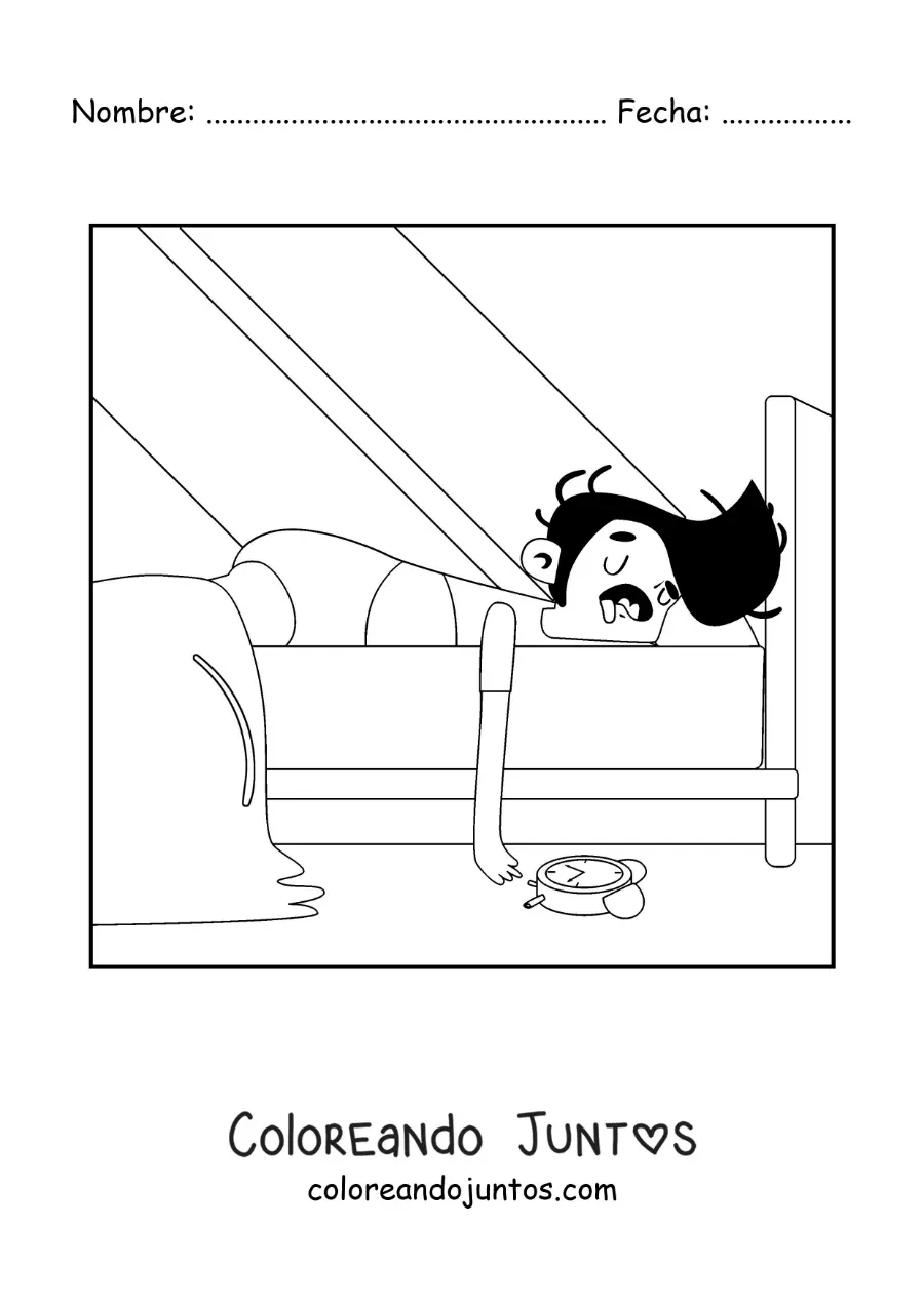 Imagen para colorear de un hombre durmiendo hasta tarde en su cama