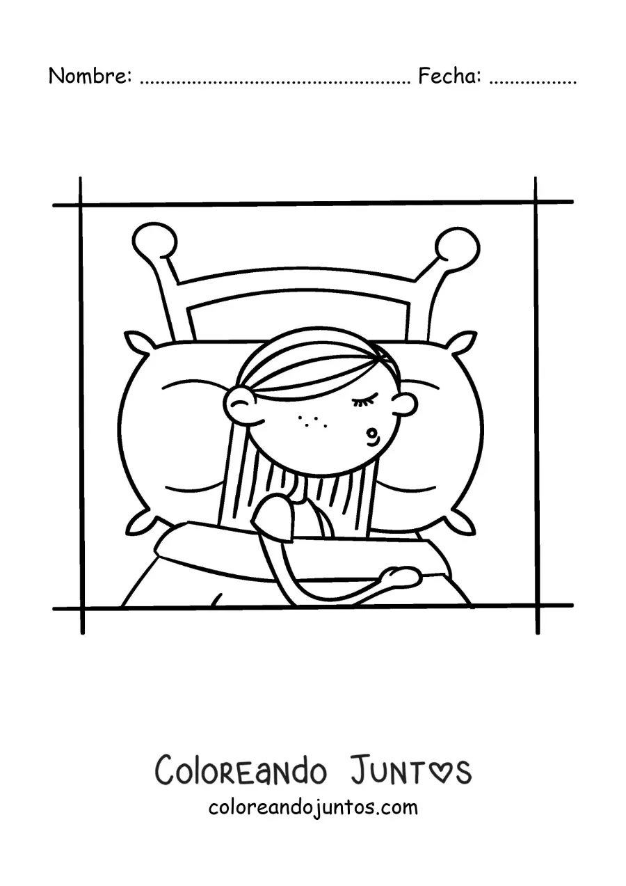 Imagen para colorear de una caricatura de una niña durmiendo en su cama