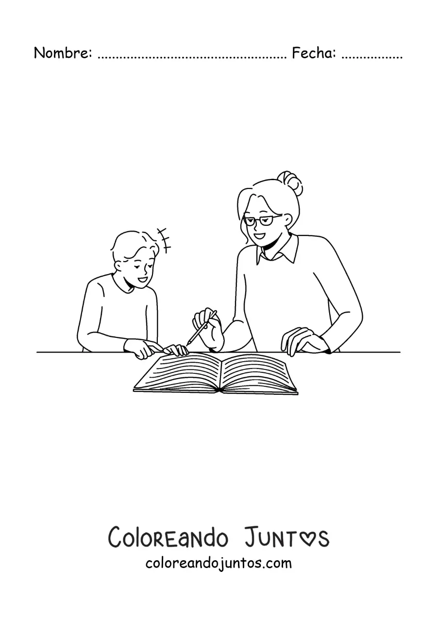 Imagen para colorear de una madre ayudando a su hijo con los deberes