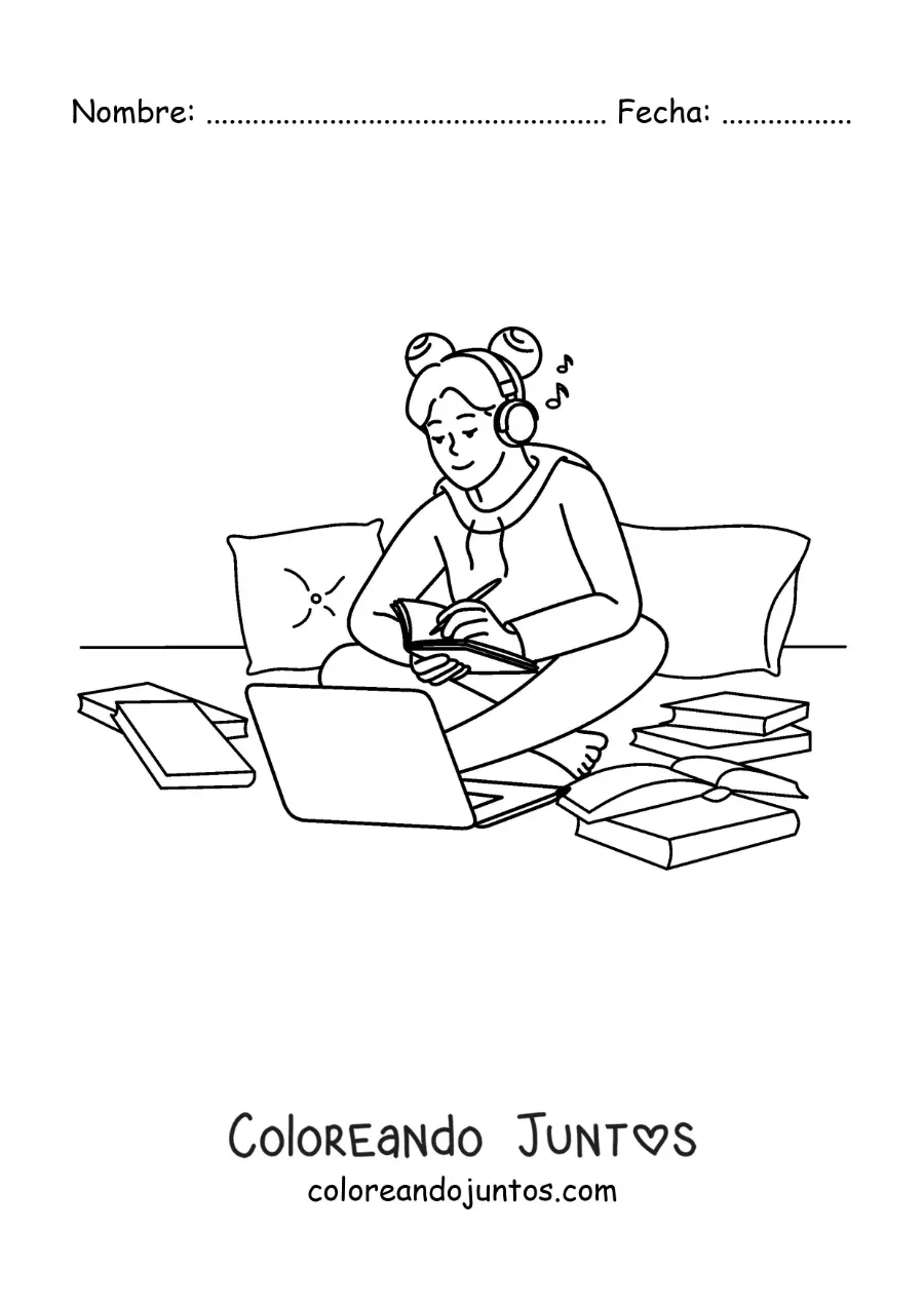 Imagen para colorear de una niña haciendo sus deberes con ayuda de una laptop